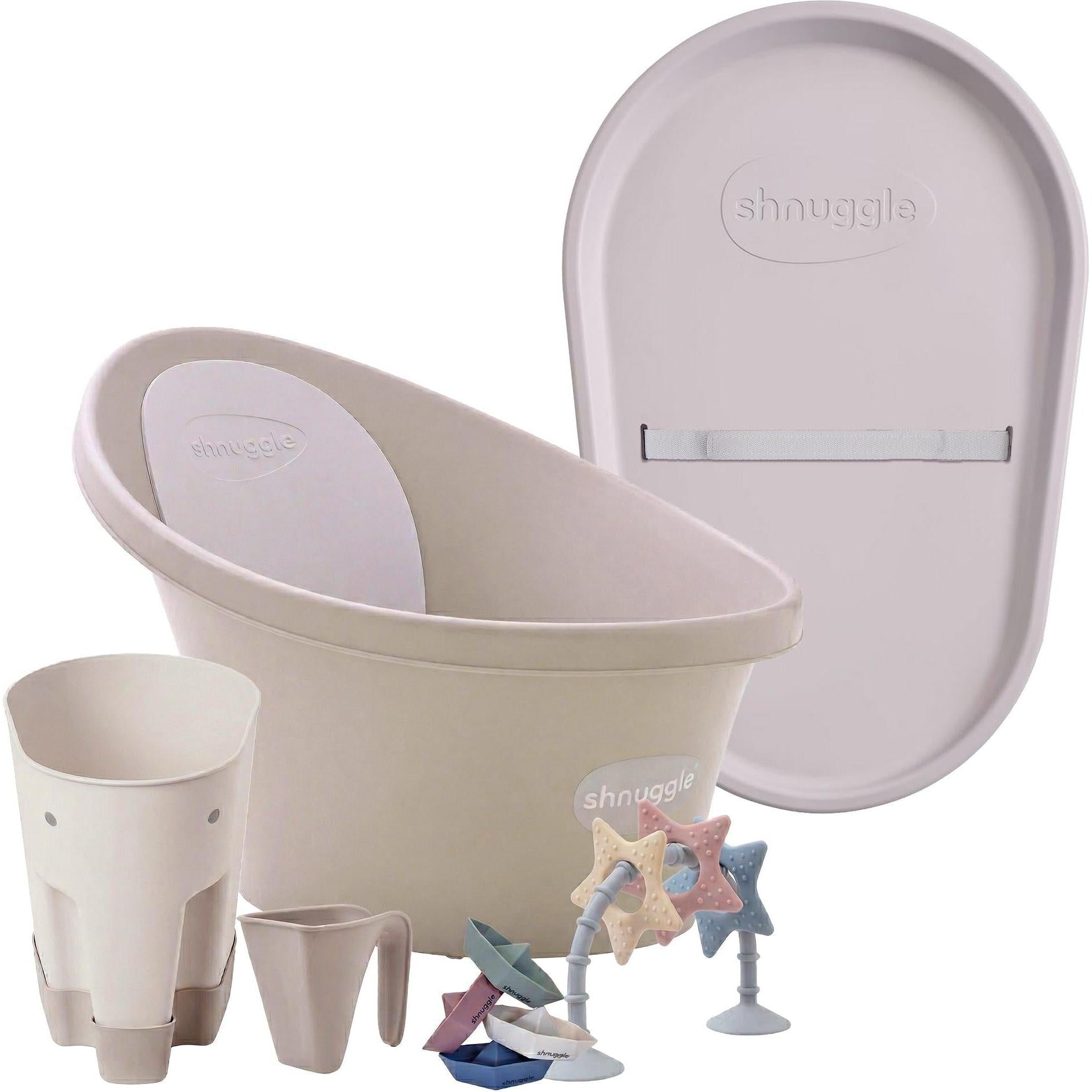 Shnuggle Bathtime Essentials Bundle | Baby Bath, Rinse Jug, Ellie Toy Scoop, Toy Boats & Squishy Changing Mat | Taupe