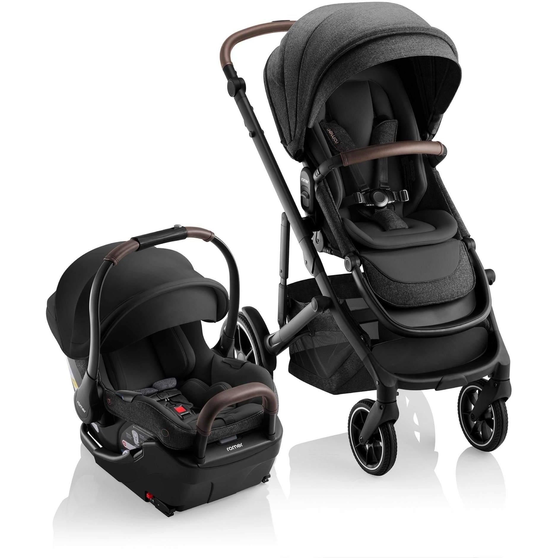 black stroller with car seat Romer Juni Infant Car Seat + Tura Stroller Travel System