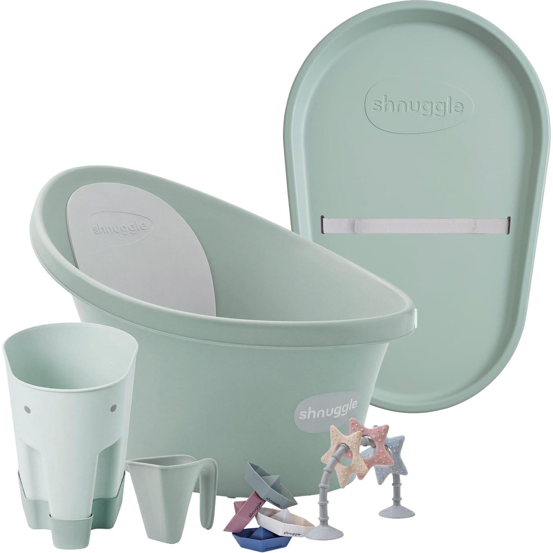 Shnuggle Bathtime Essentials Bundle | Baby Bath, Rinse Jug, Ellie Toy Scoop, Toy Boats & Squishy Changing Mat | Taupe