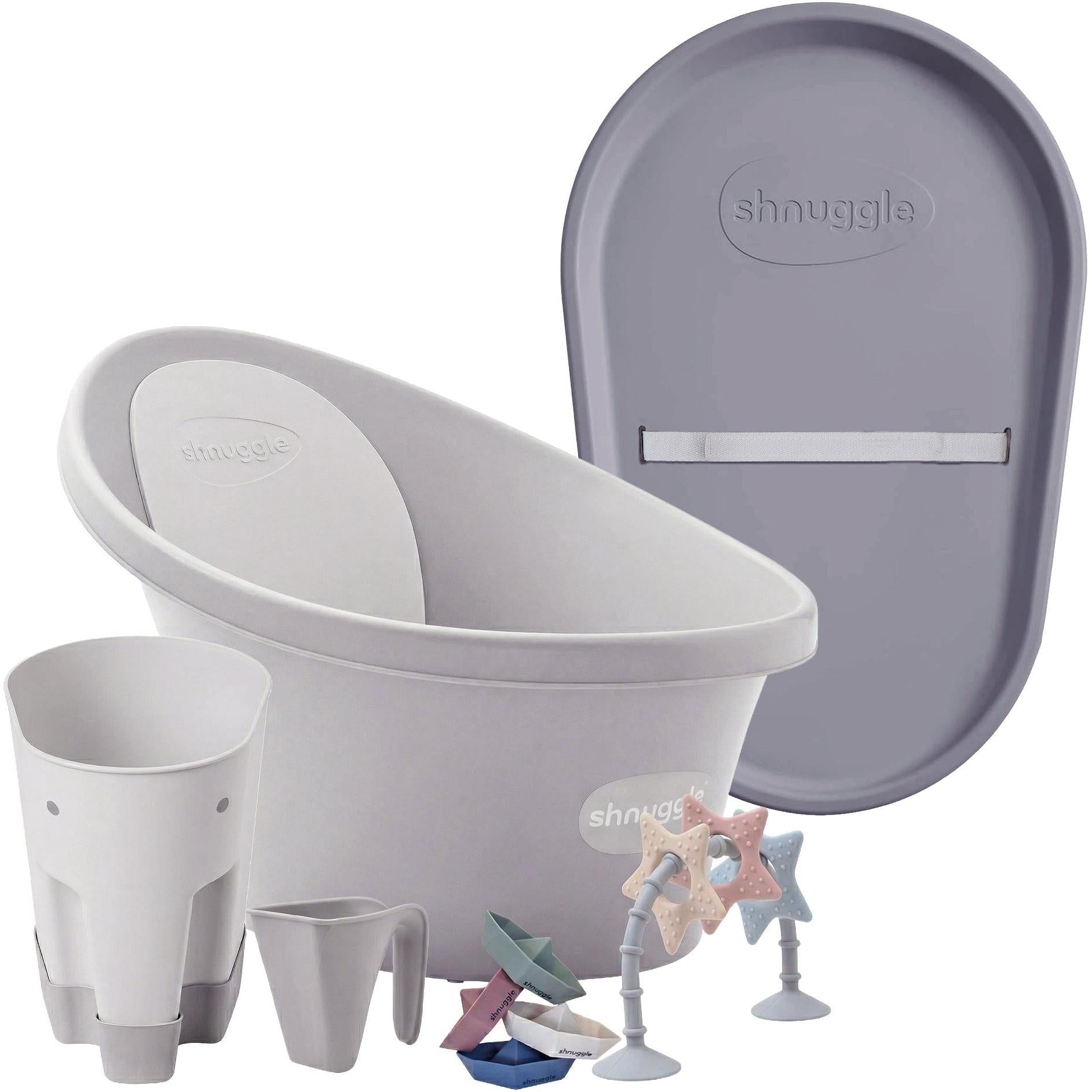 Shnuggle Bathtime Essentials Bundle | Baby Bath, Rinse Jug, Ellie Toy Scoop, Toy Boats & Squishy Changing Mat | Taupe