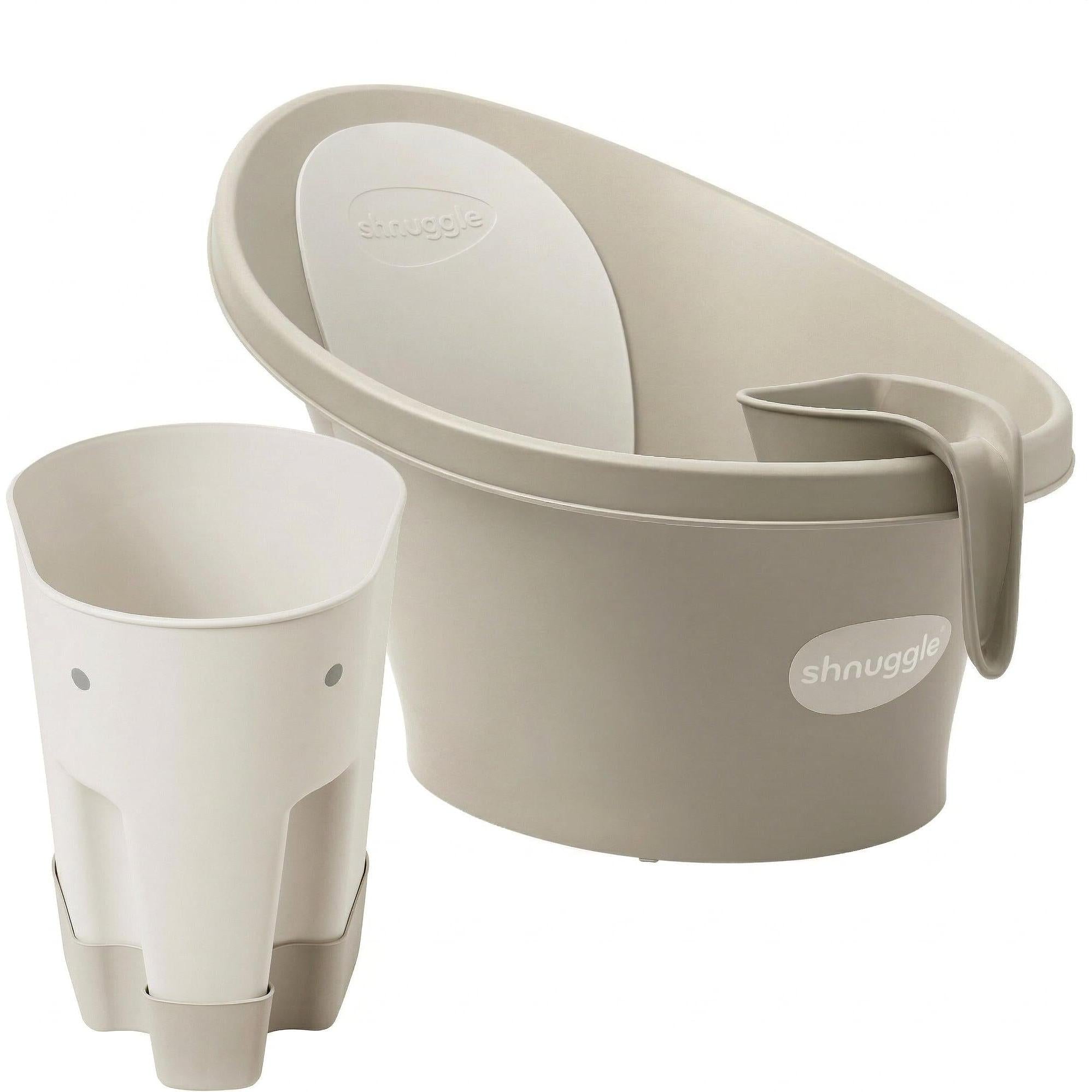 Shnuggle Baby Bathtime Essentials Bundle | Baby Bath Tub, Rinse Jug, and Ellie Bath Toy Scoop | Taupe