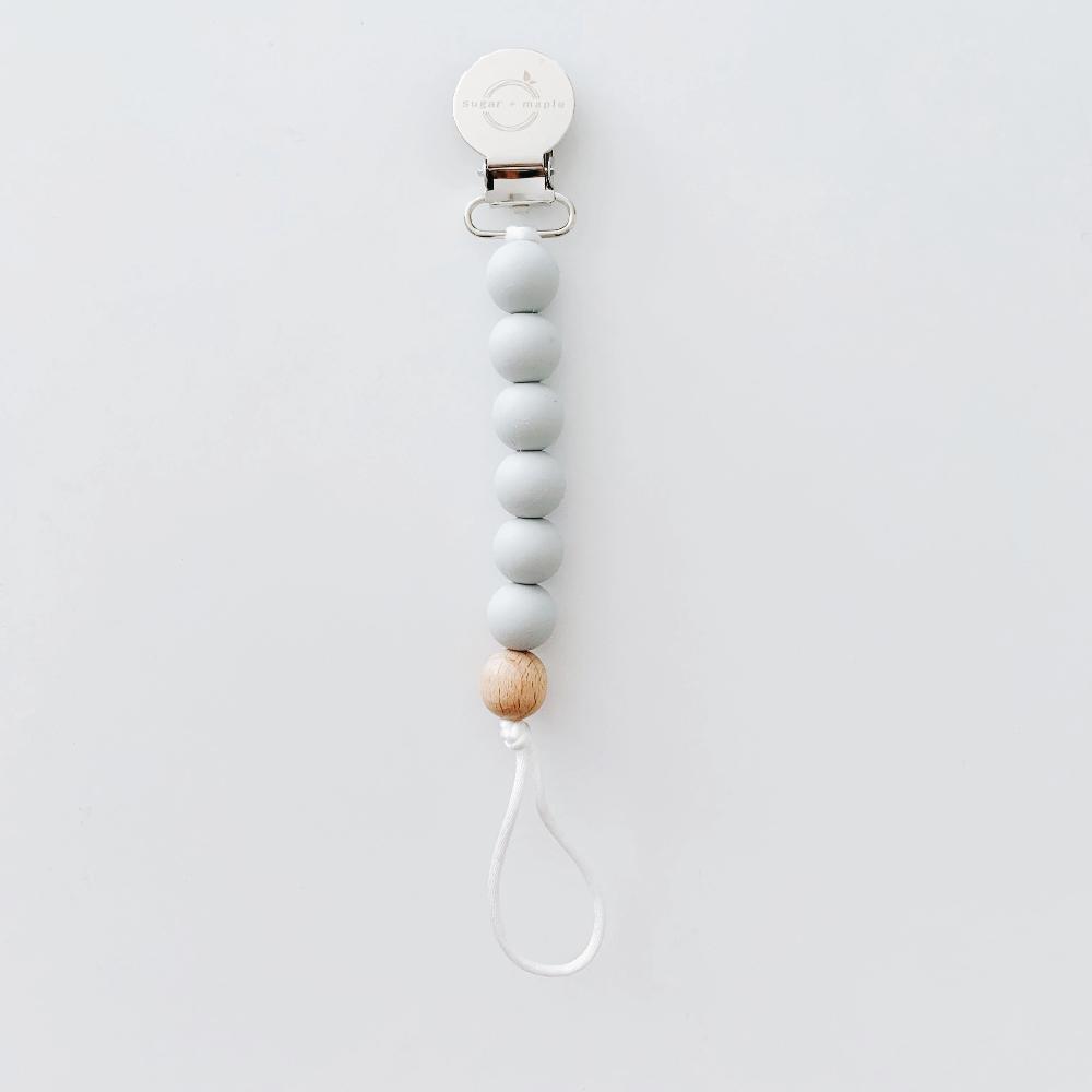 Pacifier + Teether Clip- Silicone with 1 Beechwood Bead - Grey